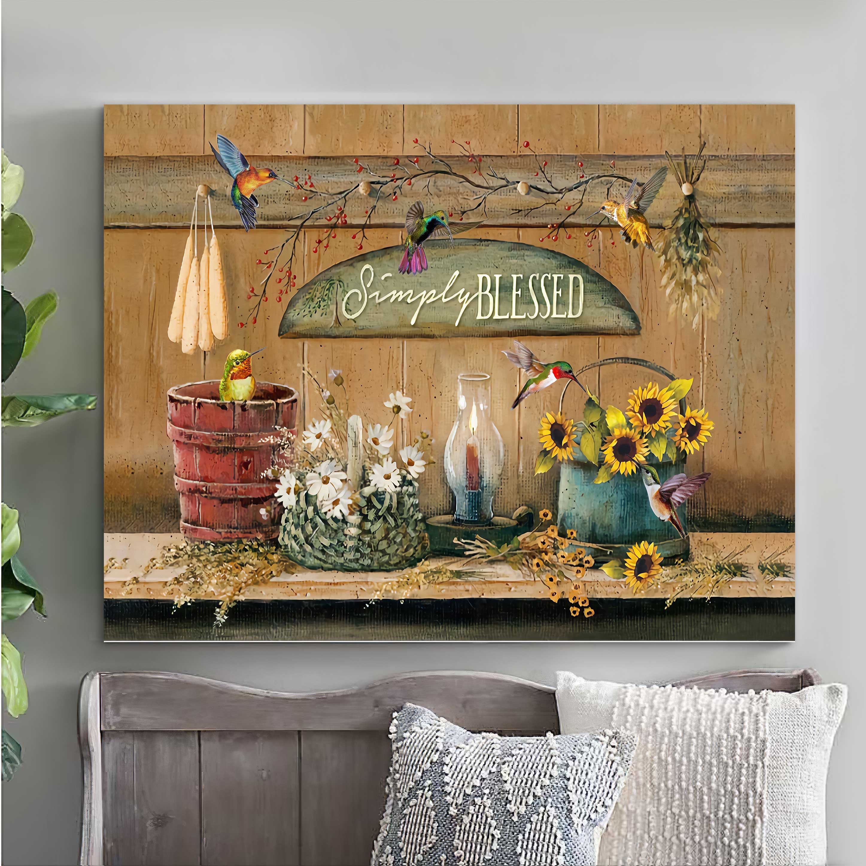 Simply Blessed Farmhouse And Hummingbirds Canvas Wall Art Decor