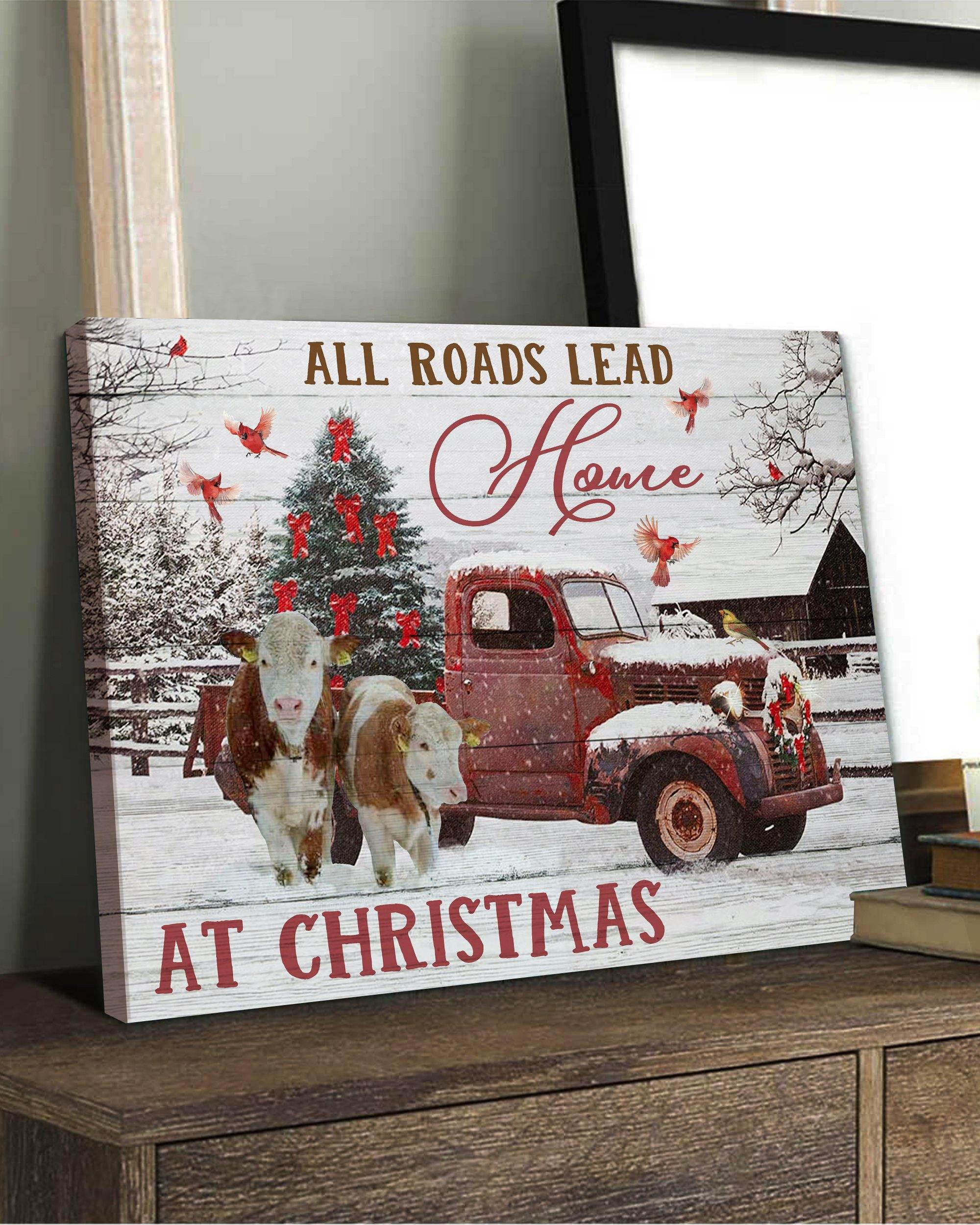 Top 10 Christmas Gift Wall Art Canvas - All Road Lead Home At Christmas Red Cow