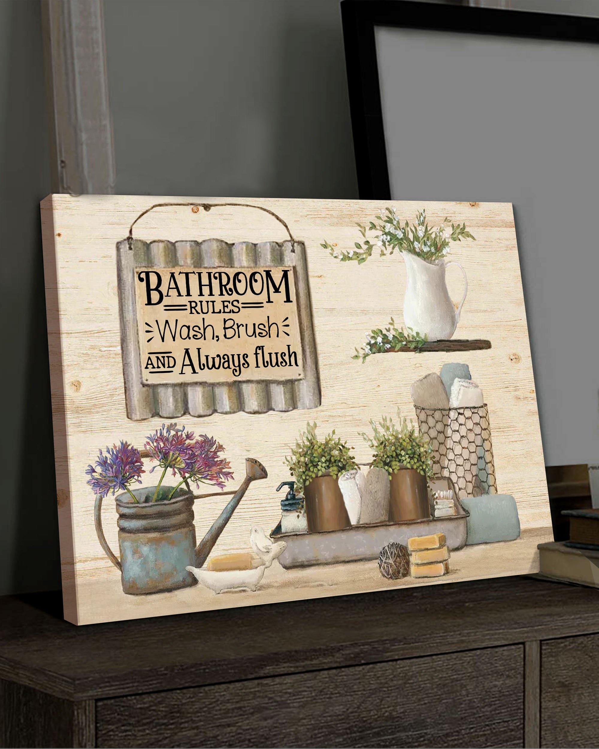 Top 3 Bathroom Canvas Decor - Bathroom Rules Wash Brush And Always Flush