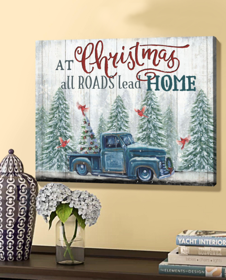 Top 3 Christmas Canvas Decor - Blue Truck All Roads Lead Home Wall Art Canvas Teal Color