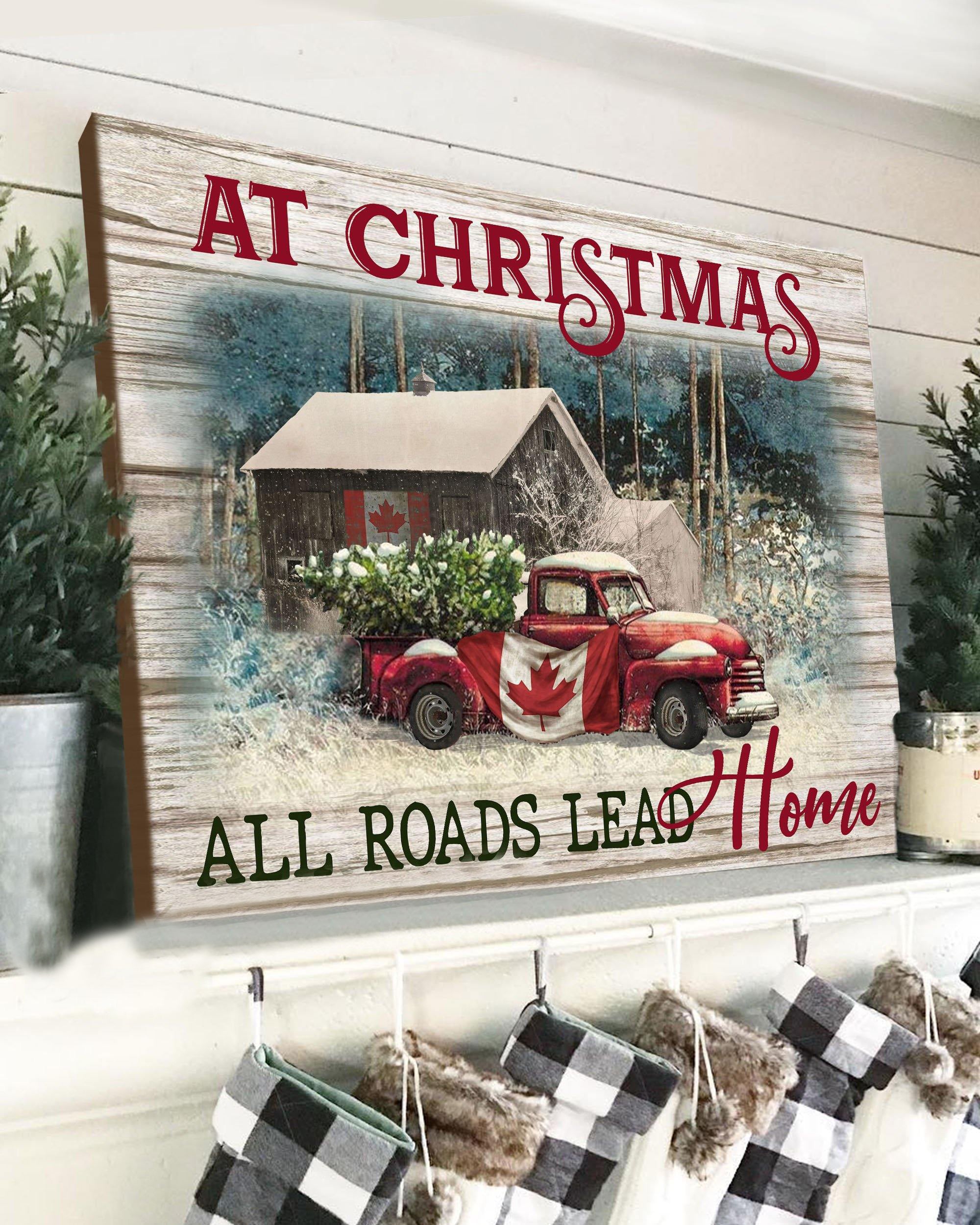 Top 3 Christmas Canvas Decor - Red Truck All Roads Lead Home Wall Art Canvas Canadian Flag