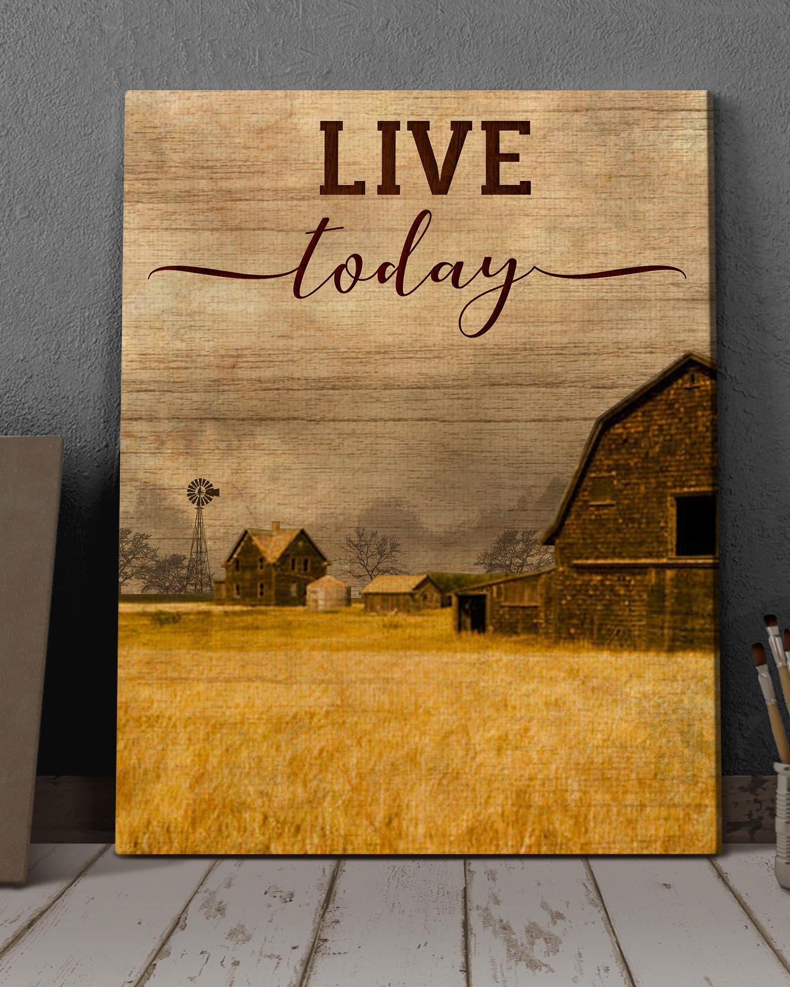 Top 3 Farmhouse Wall Art Canvas Decor - Live Today Panel 2 Yellow Barn