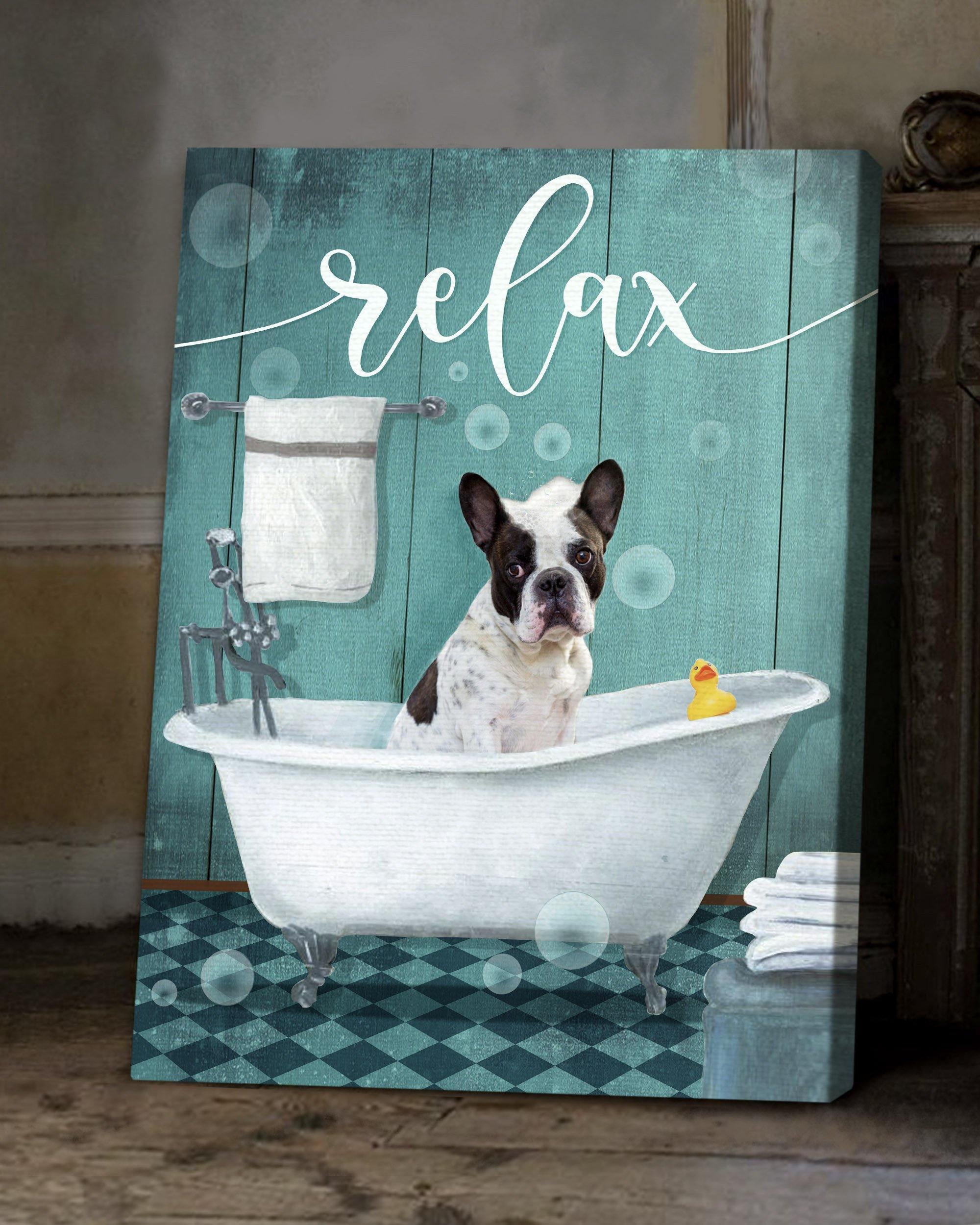 Top 5 Bathroom Decor Wall Art Canvas - Bathtub Relax Bulldog Version