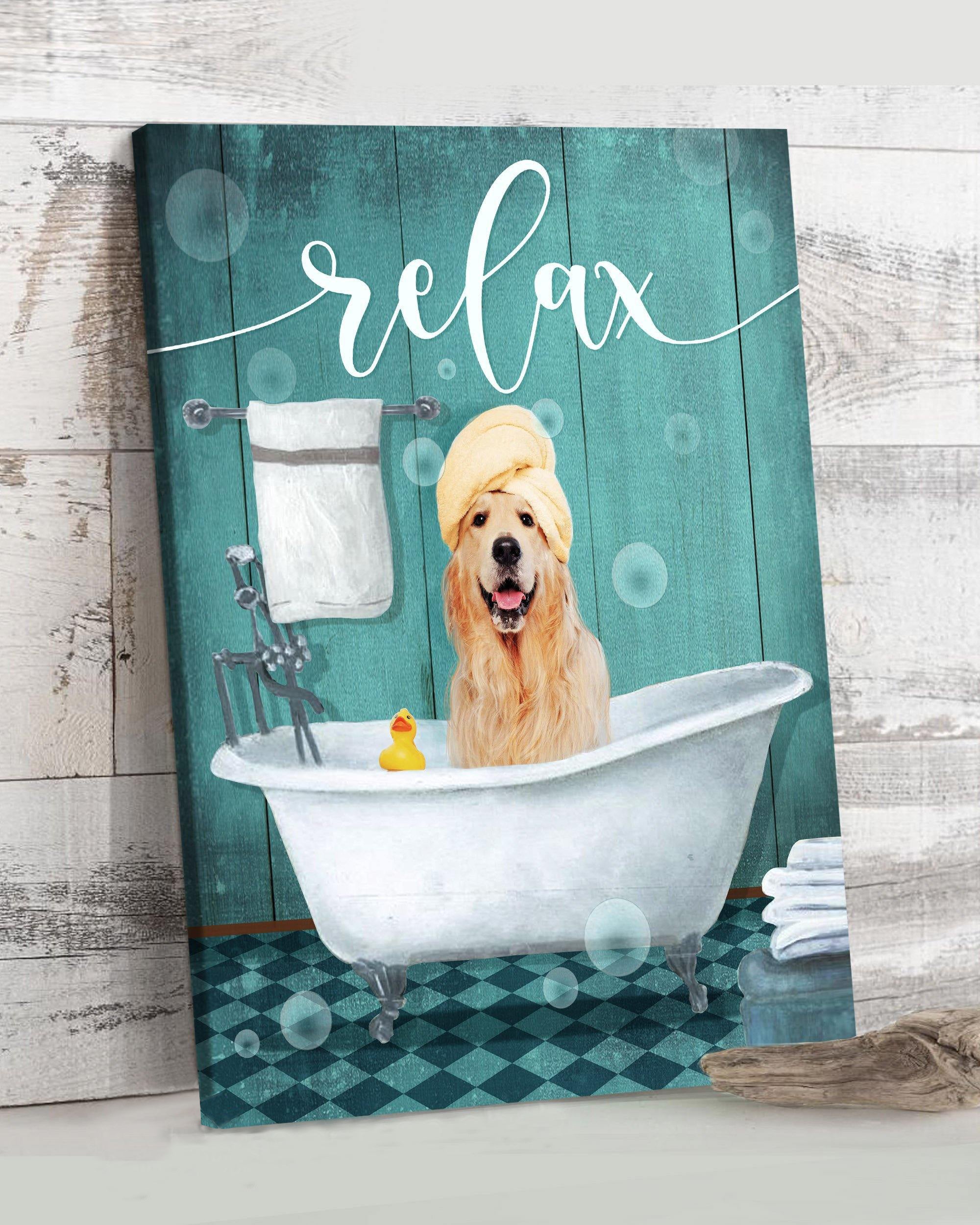 Top 5 Bathroom Decor Wall Art Canvas - Bathtub Relax Golden Retriever Version