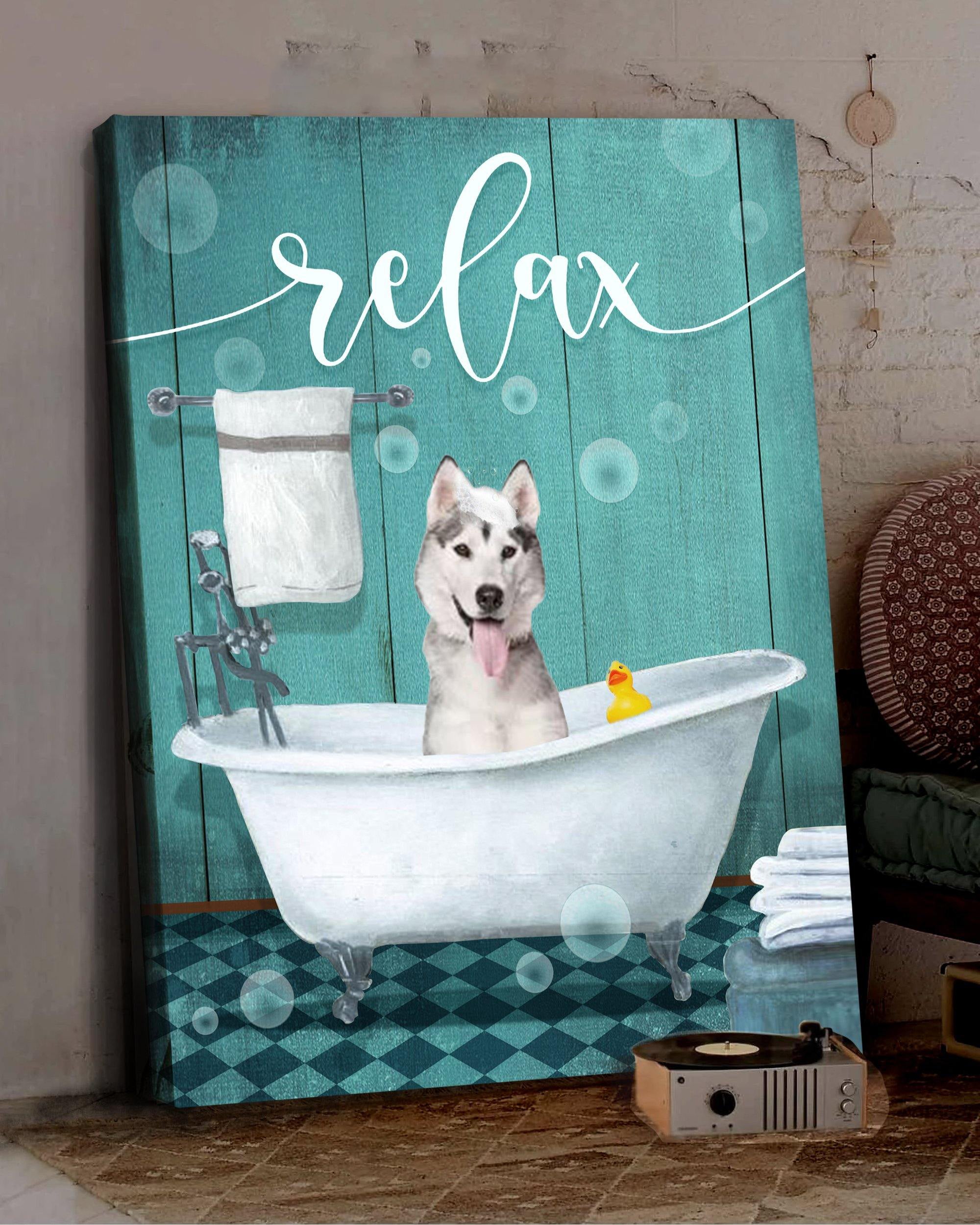 Top 5 Bathroom Decor Wall Art Canvas - Bathtub Relax Husky Version