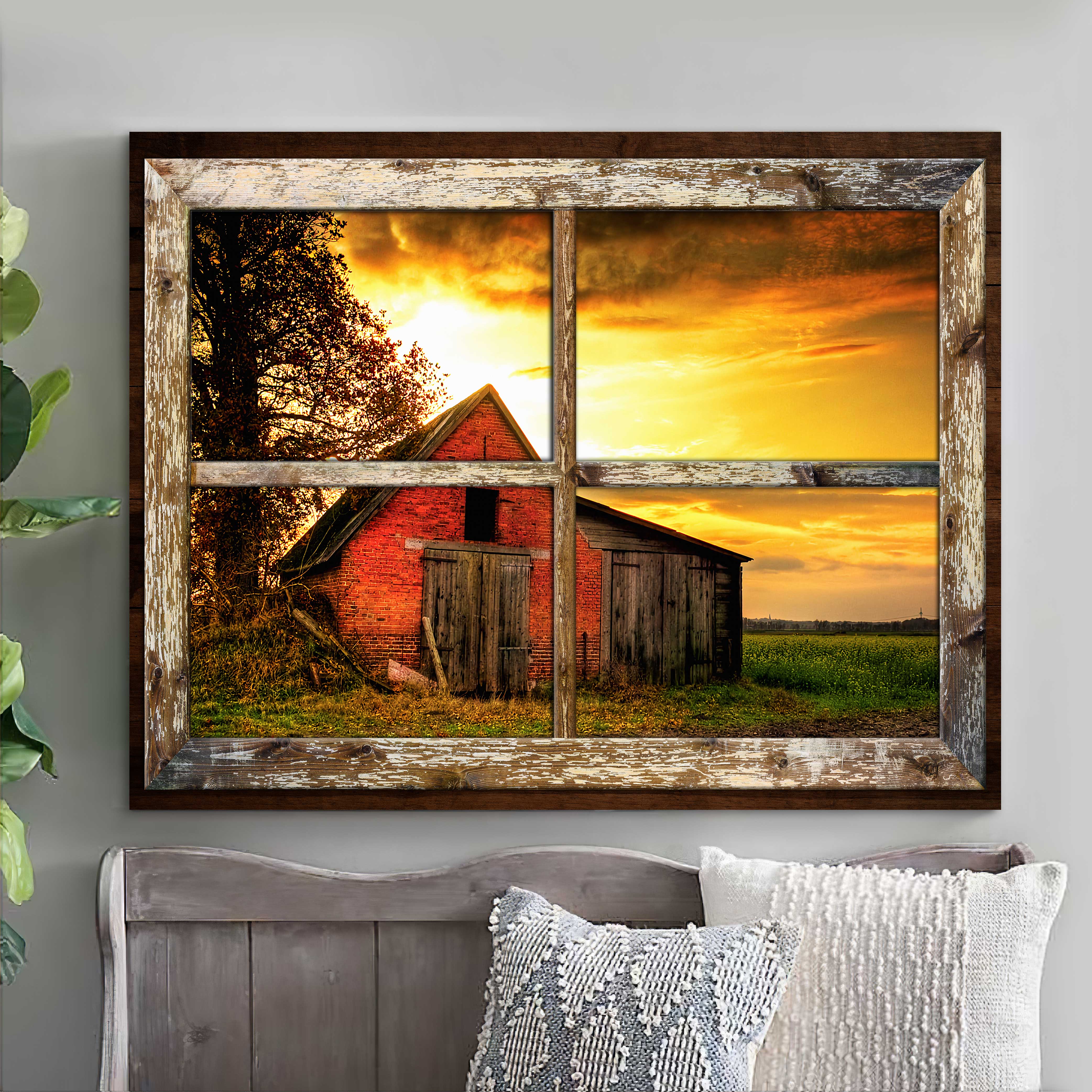 Top Beautiful Red Barn In The Afternoon With Rustic Window Canvas For Farmhouse Decor Best Canvas Wa