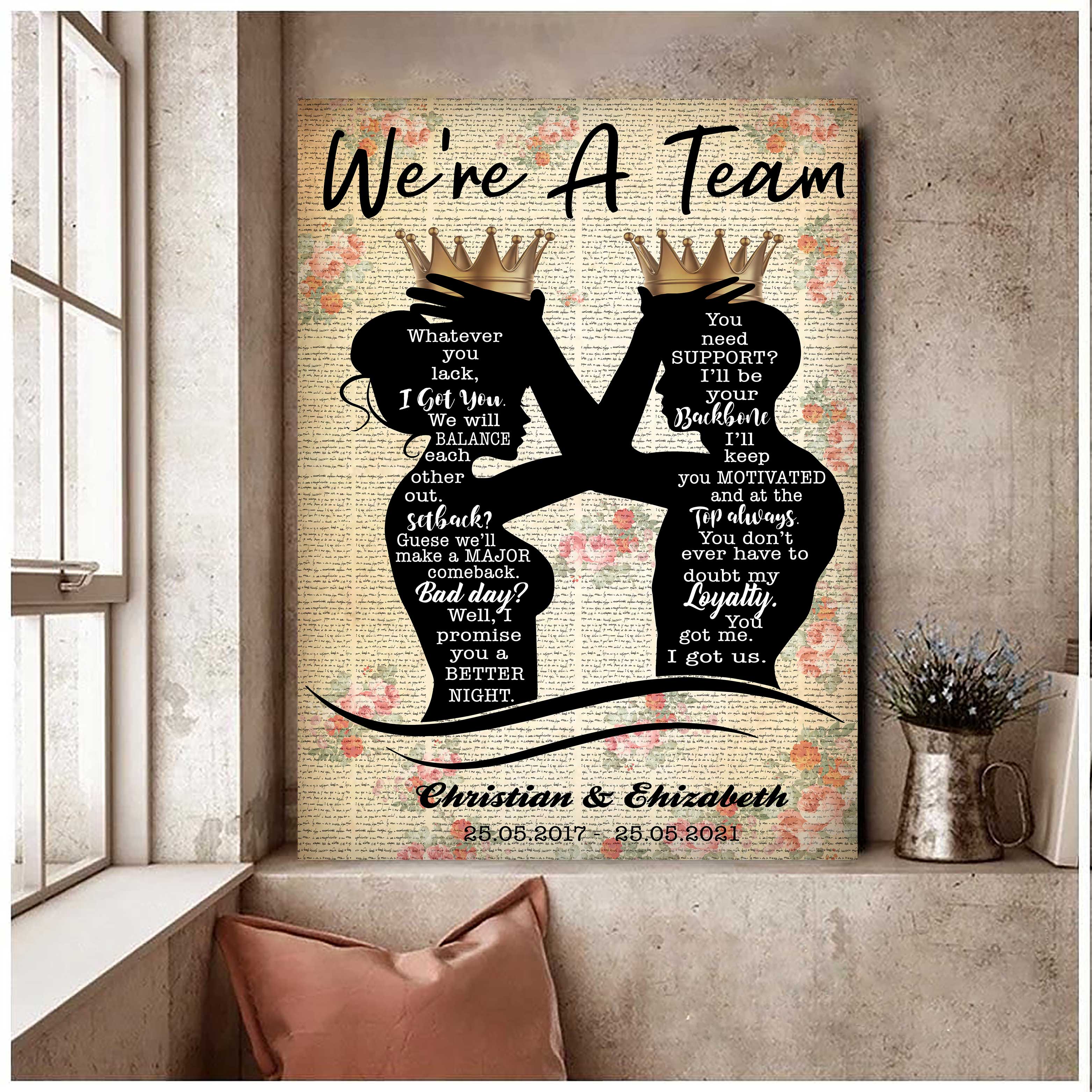 We Are A Team King Queen Custom Couple Name Anniversary Wall Art Canvas Bedroom Decor