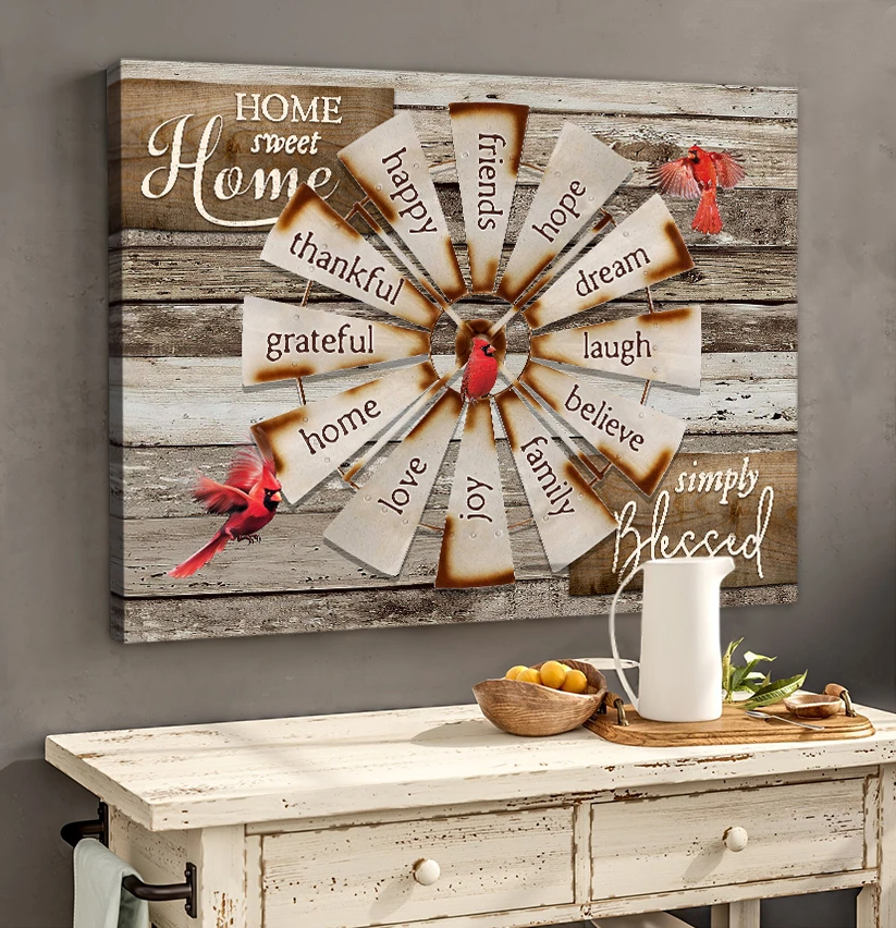 Windmill Canvas Farmhouse Wall Hanging Wall Decor Cardinal Print Canvas - Home Sweet Home