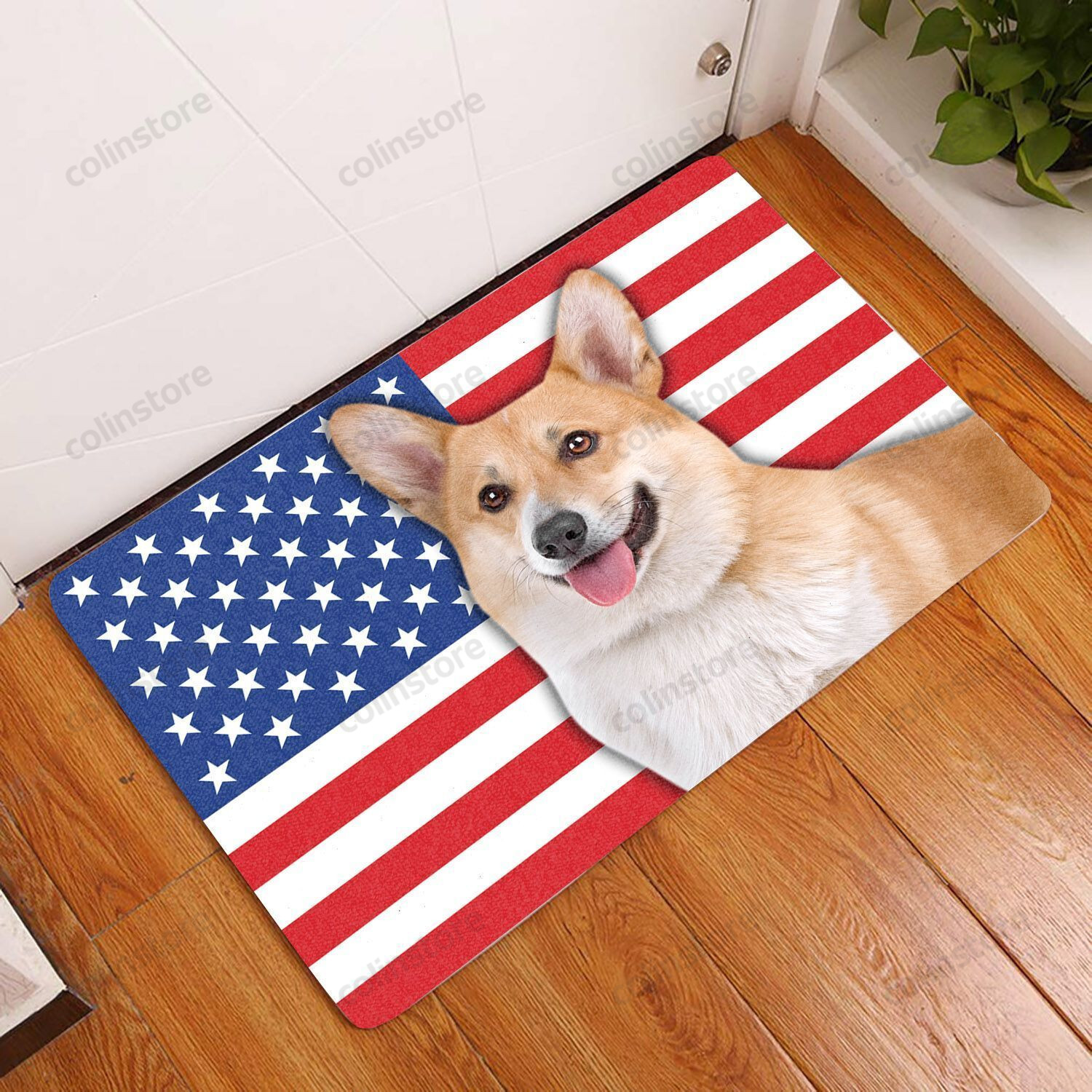 Amazing Pembroke Welsh Corgi With American Flag - Dog Doormat Welcome Mat