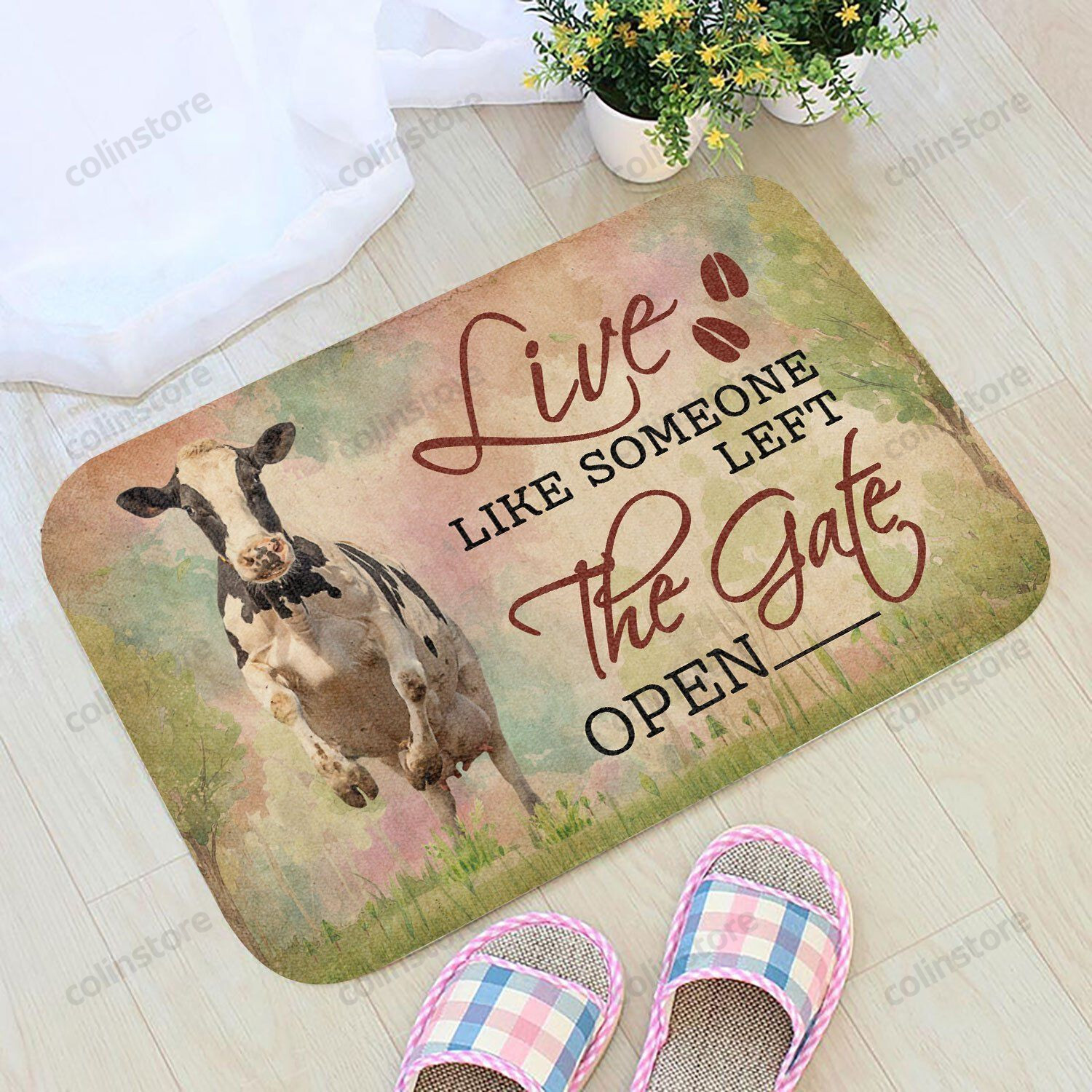 Live Like Someone Left The Gate Open Cow Doormat Welcome Mat