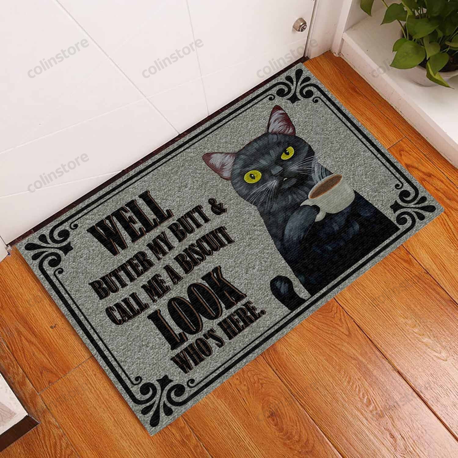 Look Whos Here Black Cat Doormat Welcome Mat