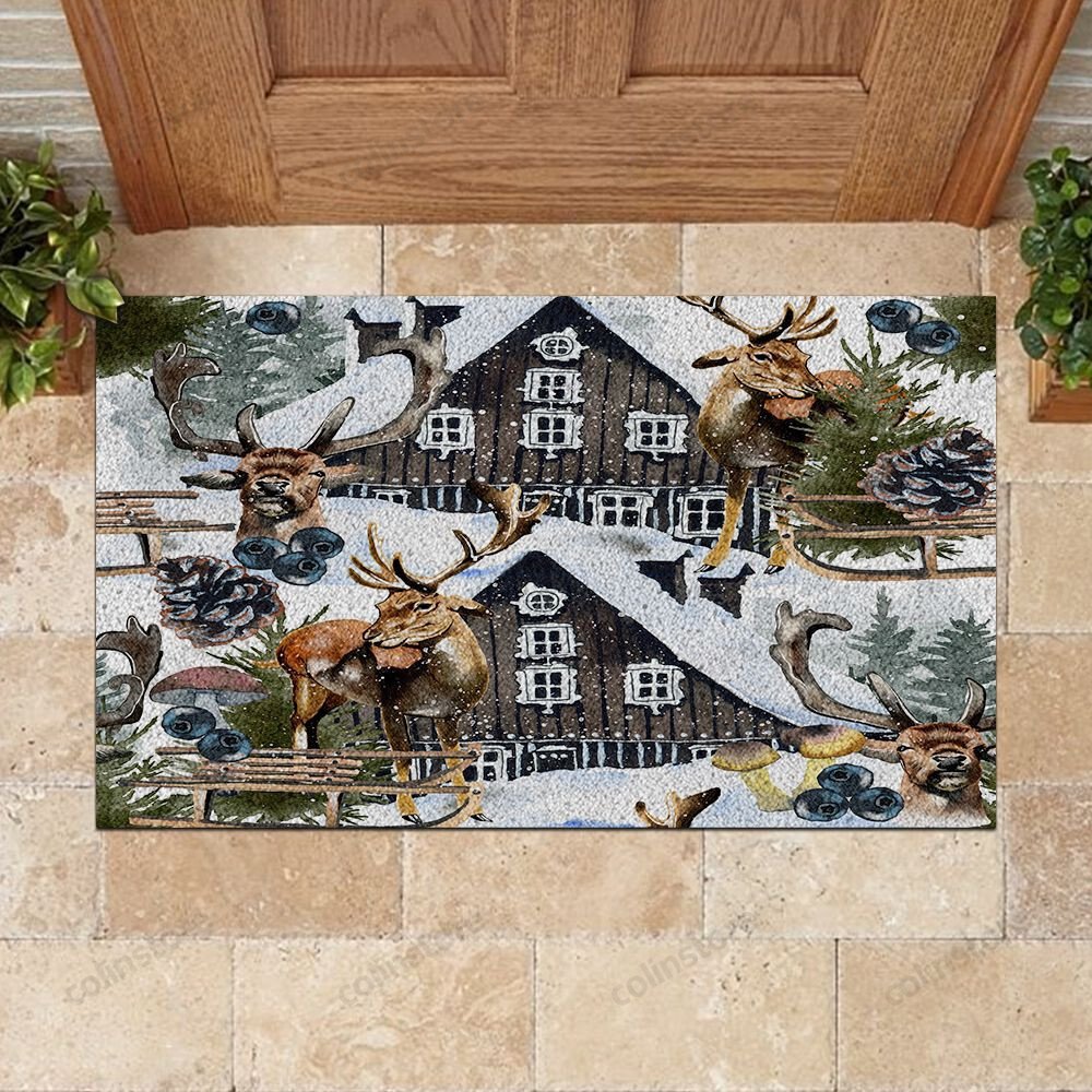 Pine Forest And Reindeer Doormat Merry Christmas Doormat