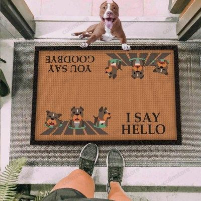 Pitbull Dog I Say Hello Brown Funny Outdoor Indoor Wellcome Doormat