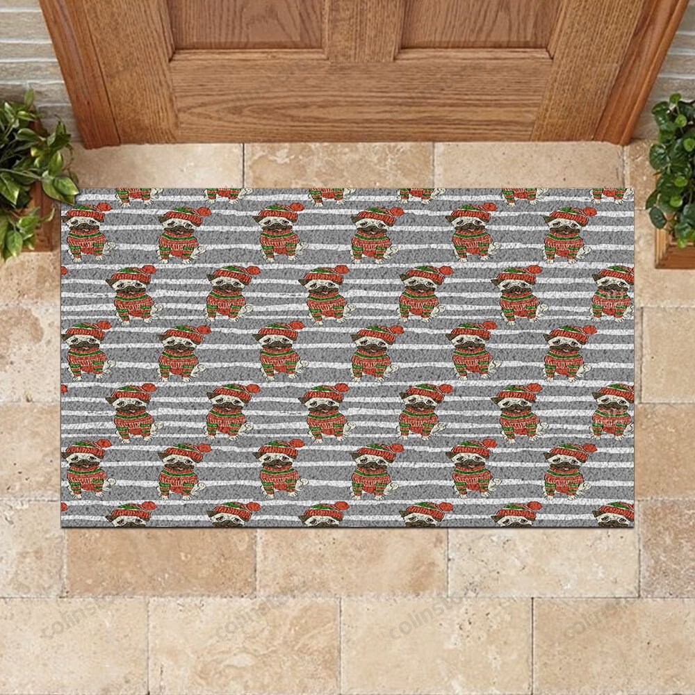 Pug Dog Christmas Pattern Doormat Merry Christmas Doormat