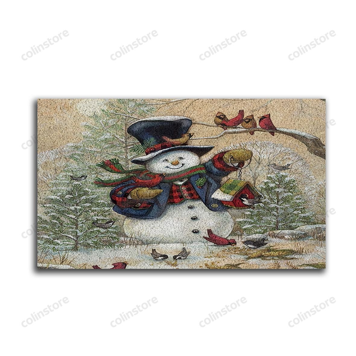 Red Birds Snowman Christmas Doormat Merry Christmas Doormat