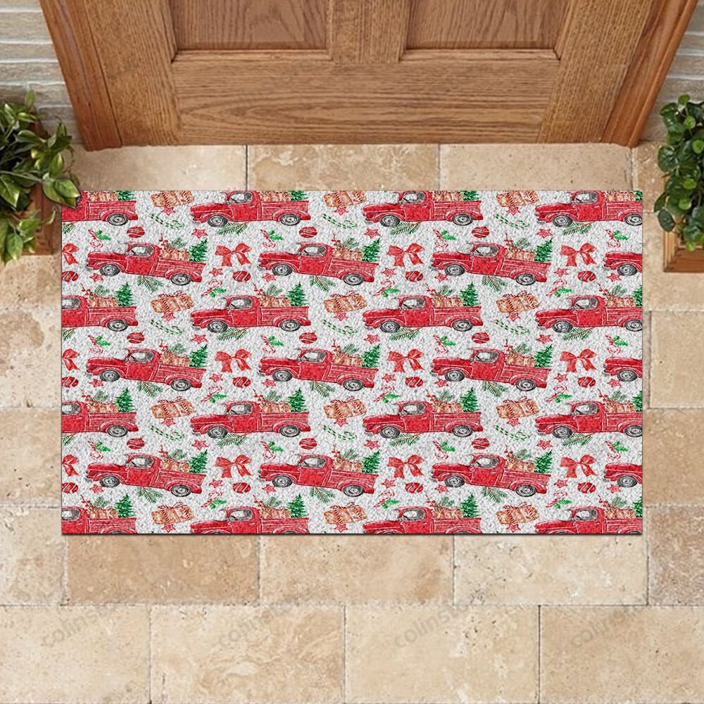 Red Car Christmas Pattern Doormat Merry Christmas Doormat