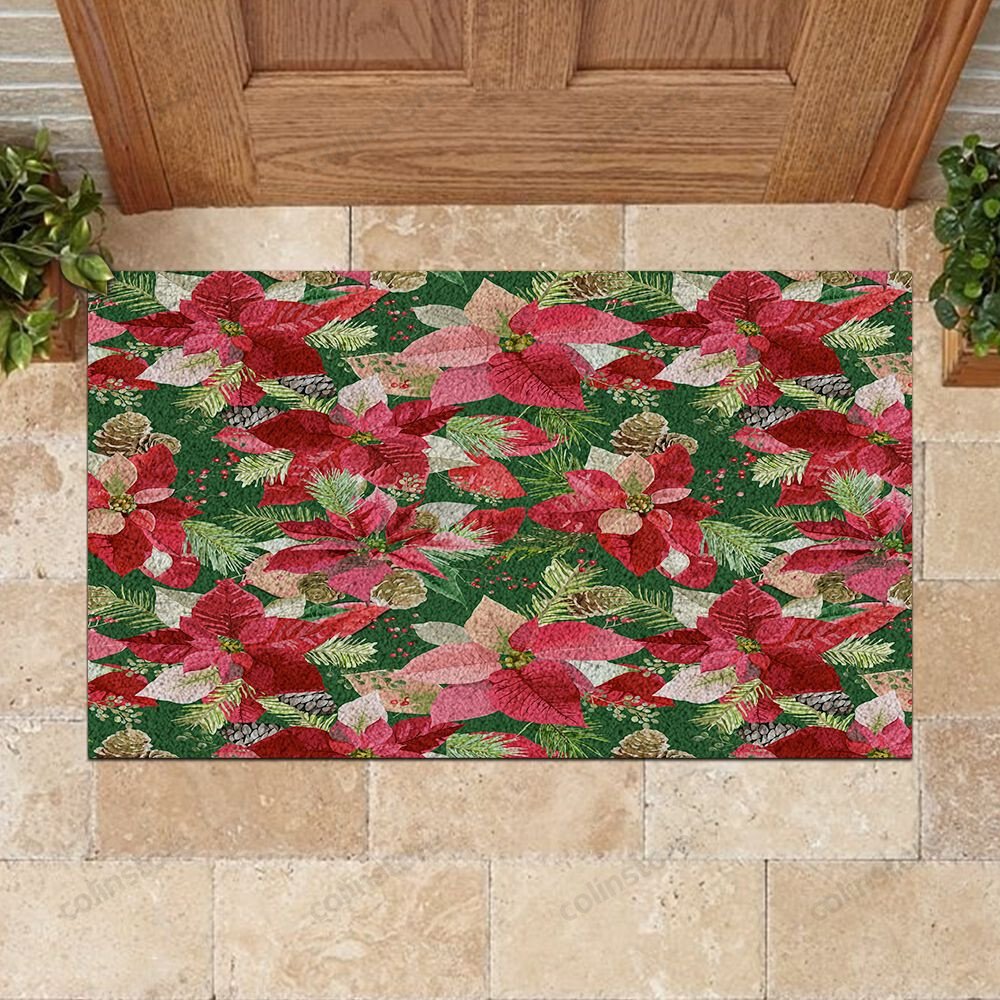 Red Poinsettia Flower Christmas Pattern Doormat Poinsettia Flower Doormat