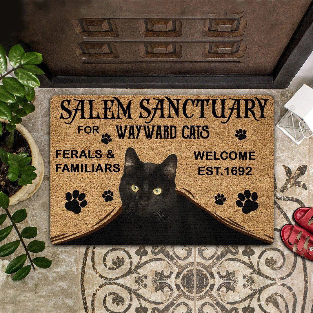 Salem Sanctuary For Wayward Cats Ferals And Familiars Welcome Est 1692 Black Cat Witch Doormat Welcome Mat