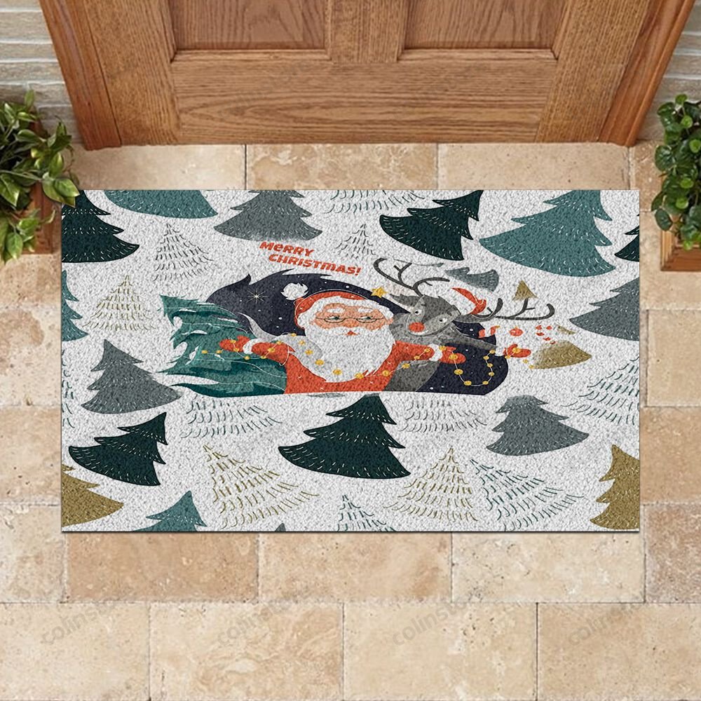 Santa Claus And Reindeer Christmas Tree Doormat Merry Christmas Doormat