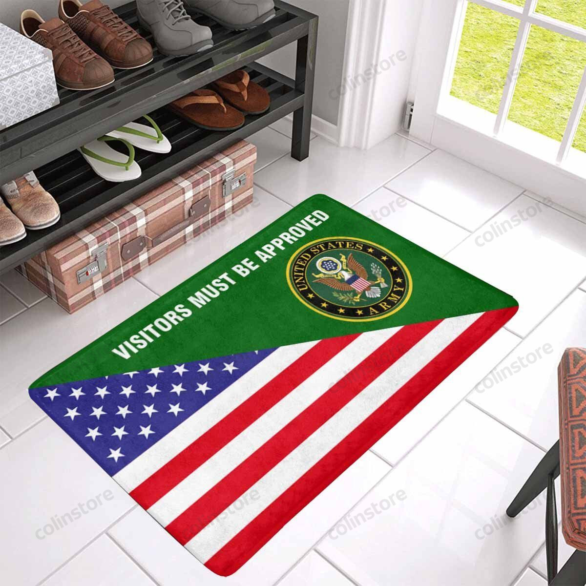 Us Flag And Army Logo - Visitors Must Be Approved Doormat Welcome Mat