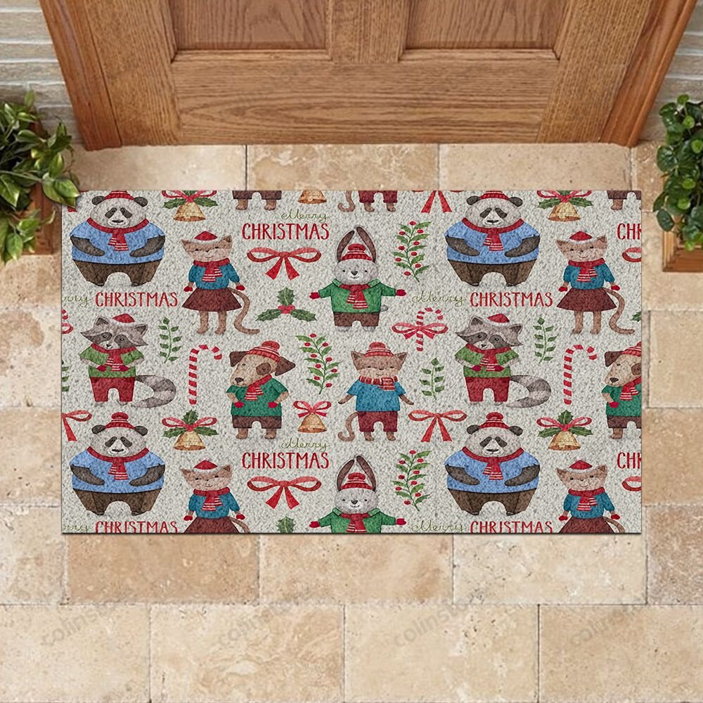 Watercolor Forest Animals Pattern Doormat Merry Christmas Doormat