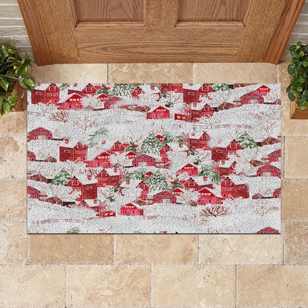 Winter Red Houses Christmas Pattern Doormat Merry Christmas Doormat