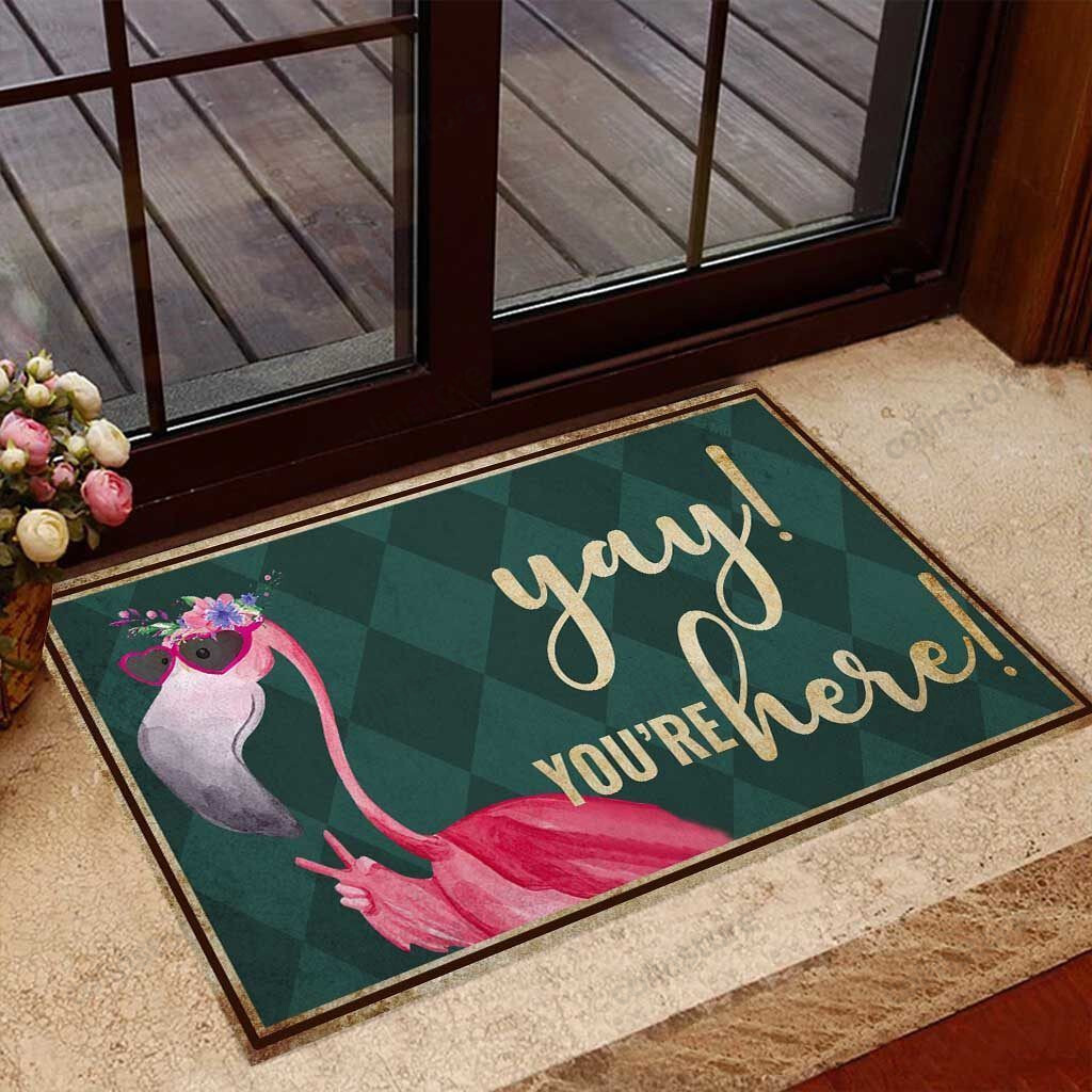 Yay You Re Here Flamingo Doormat Welcome Mat