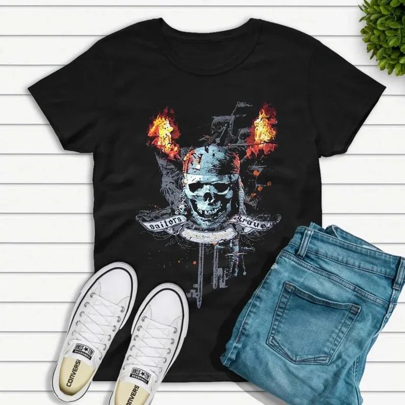 Pirates Of The Caribbean Sailors Grave Skull Ship Fire T-shirt