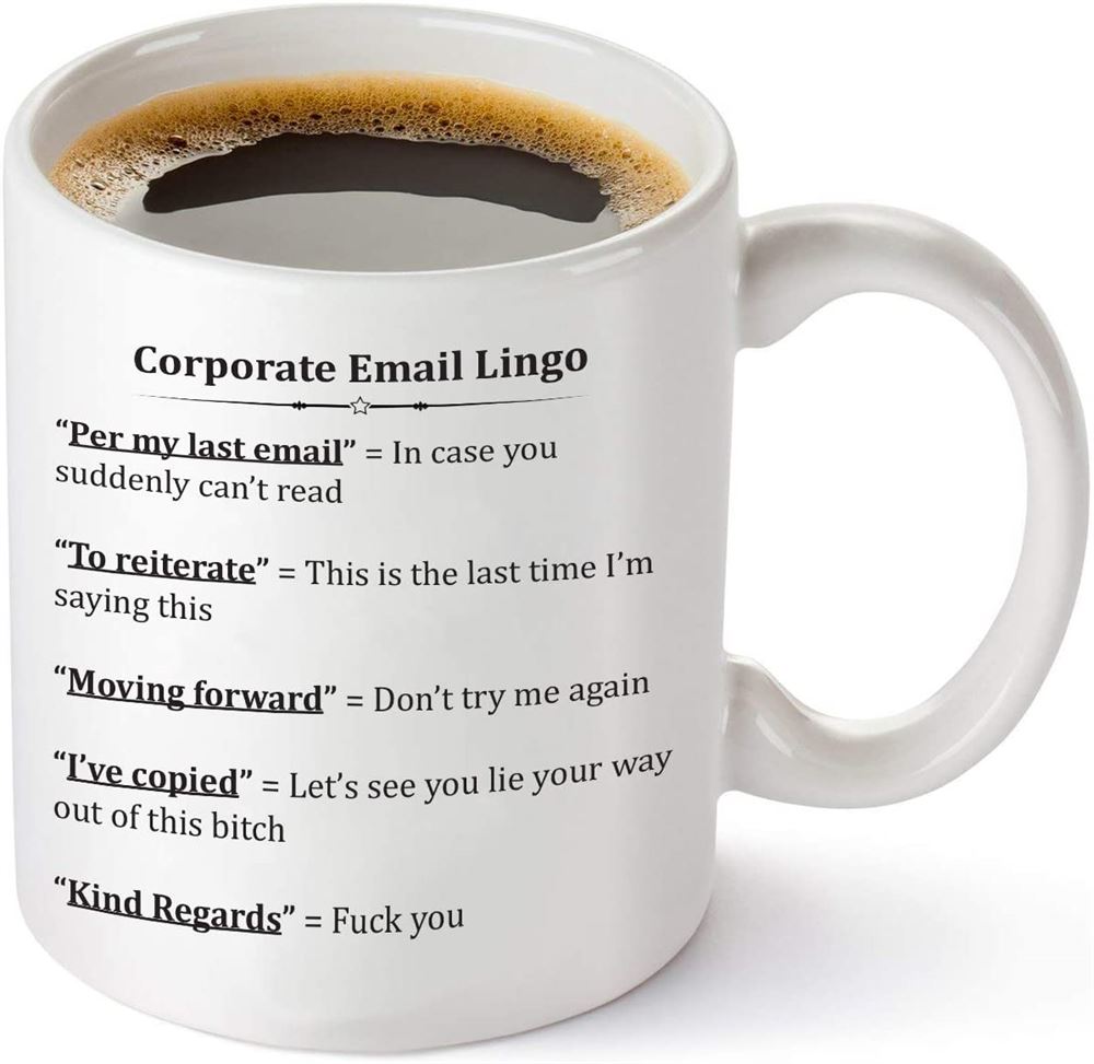 Corporate Email Lingo Funny Coffee Mug - Best Coworker Gag Gifts - 11 Oz Tea Cup White