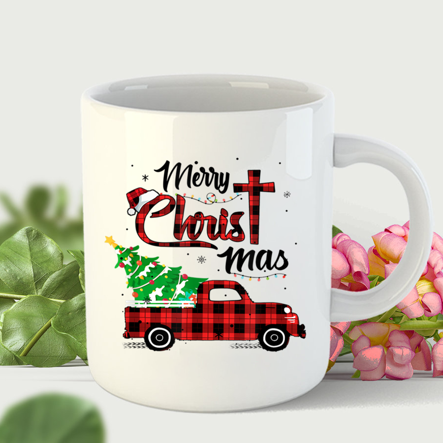 Merry Christmas Buffalo Red Plaid Truck Christian Cross Xmas T Shirt