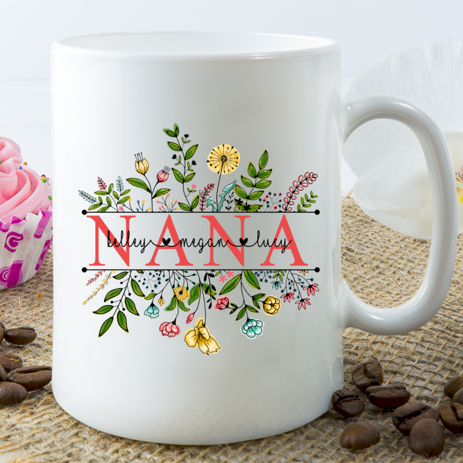 Personalized White Mug For Mom Grandma Wildflowers Nana And Grandkids Mug