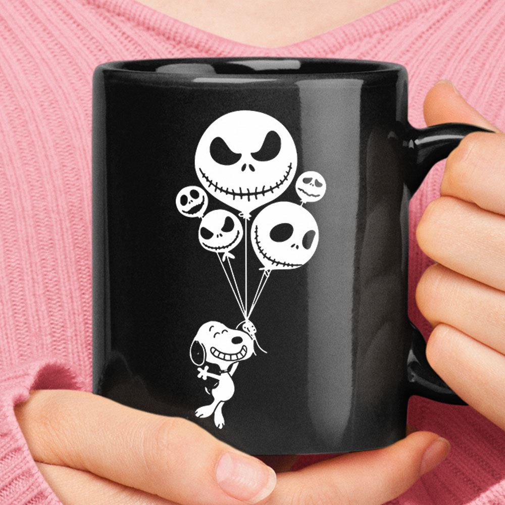 Snoopy Flying Up With Jack Skellington Balloons Mug