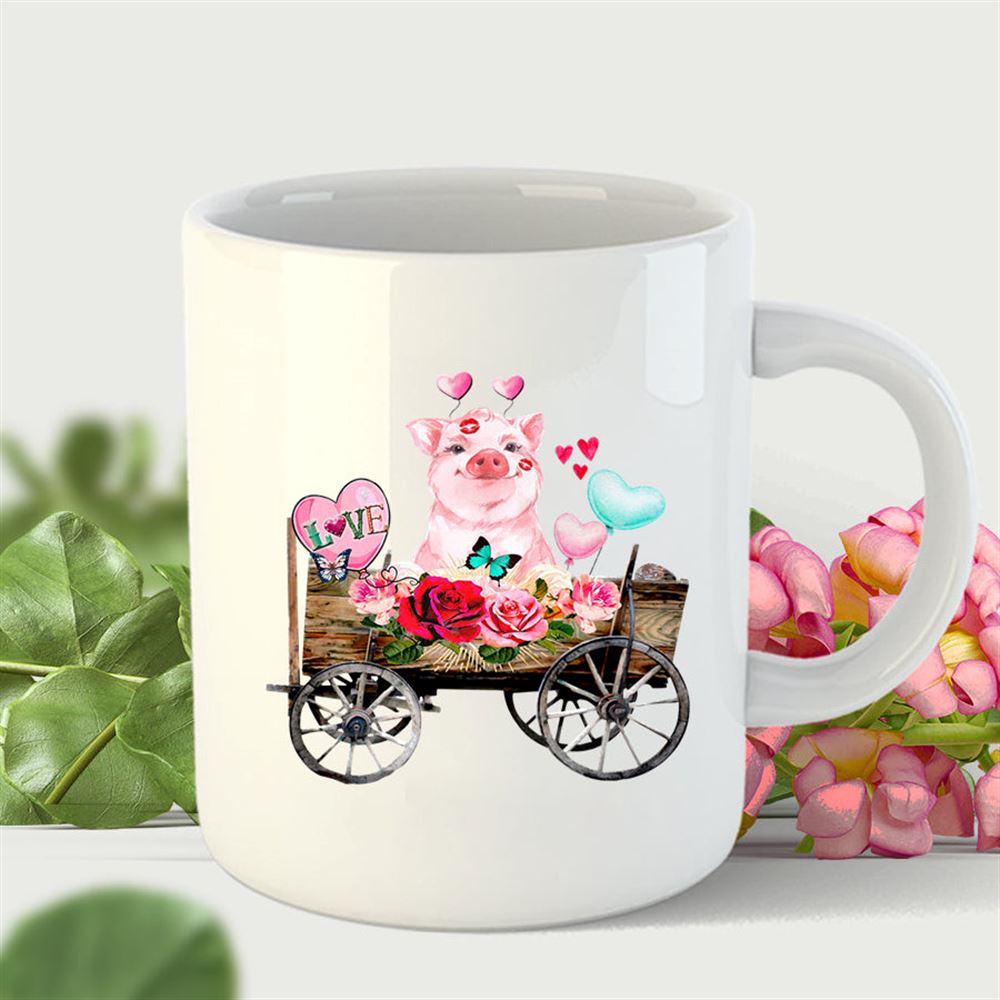 Valentine Pig Love Wagon Hearts Floral Watercolor Farm