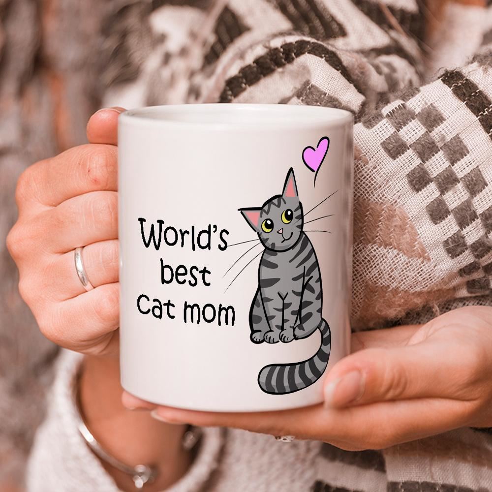 Worlds Best Cat Mom Mug With An Grey Tabby Cat Illustration - Crazy Cat Lady Mug