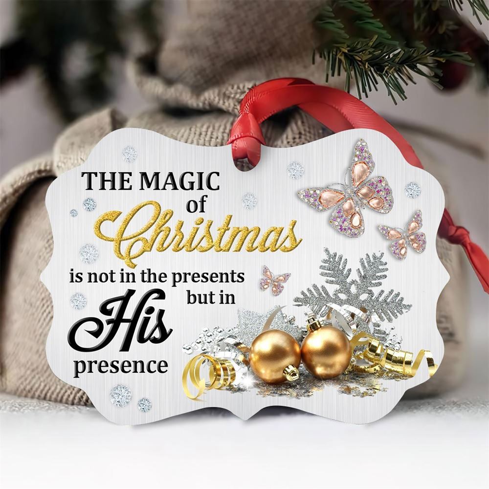 Cute Butterfly And Snowflake The Magic Of Christmas Is In His Presence Aluminium Ornament