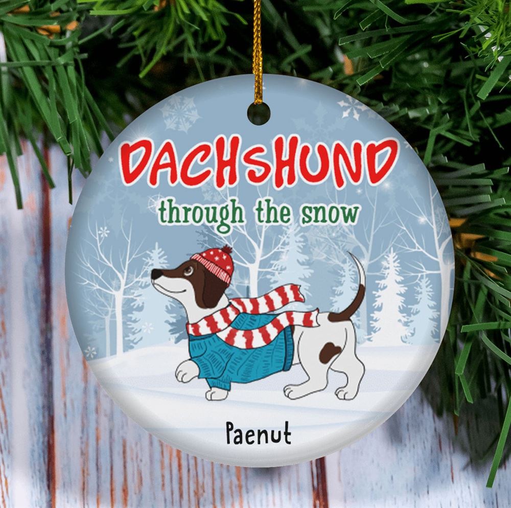 Dachshund Through The Snow Circle Ceramic Ornament Personalized Dog Lovers Decorative Christmas Ornament