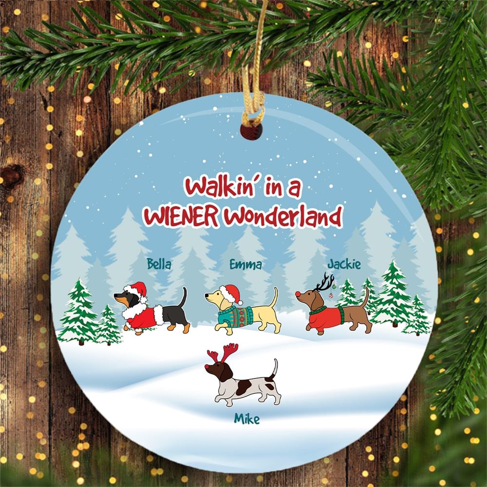 Dog Christmas Dachshund Wiener Wonderland Personalized Dog Decorative Christmas Round Shape Ornament