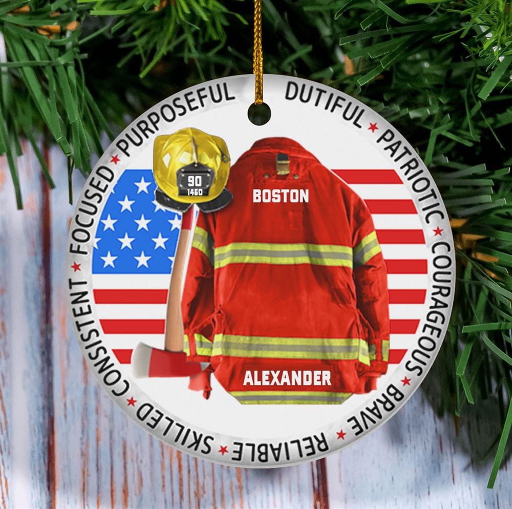 Focused Purposeful Dutiful Patriotic Courageous Brave Reliable Skilled Consistent Personalized Firefighter Circle Ornament