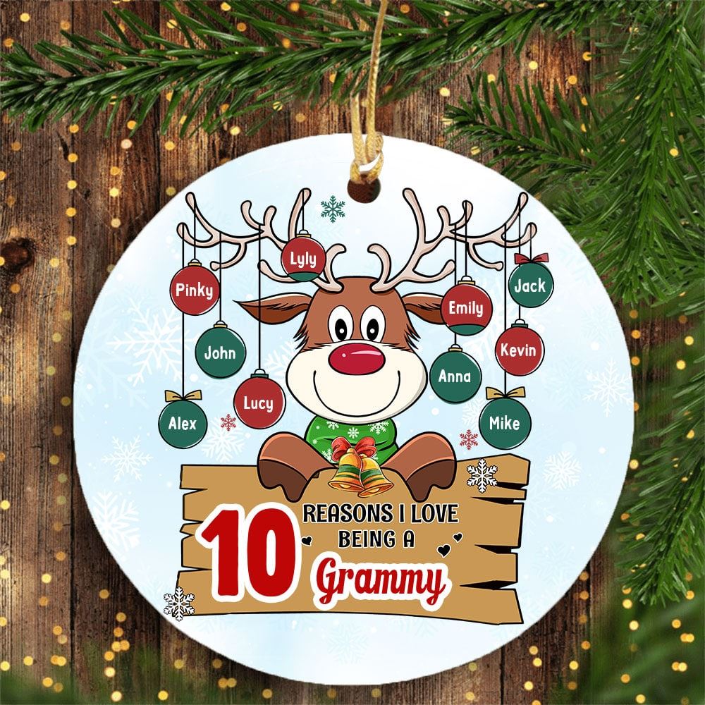 Grandma Christmas Reindeer Personalized Circle Ceramic Ornament