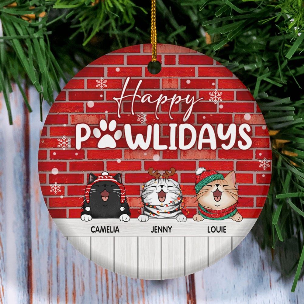 Happy Pawlidays Circle Ceramic Ornament Personalized Cat Breeds Ornament Xmas Gifts For Cat Lovers