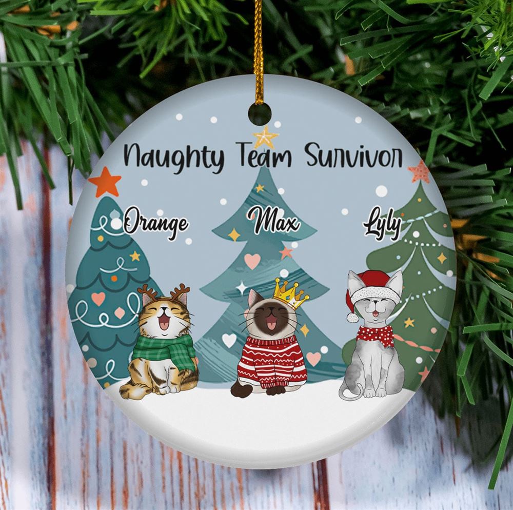 Naughty Team Survivor Circle Ceramic Ornament Personalized Cat Lovers Decorative Christmas Ornament