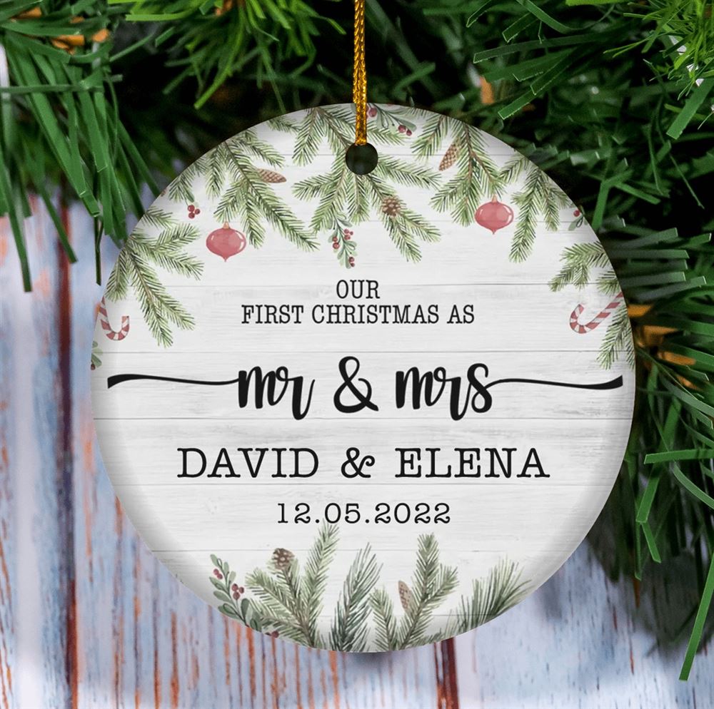 Our First Christmas Ornament Personalized Ornament Botanical Ceramic Christmas Ornament Just Married Ornament Wedding Gift Couple Gifts