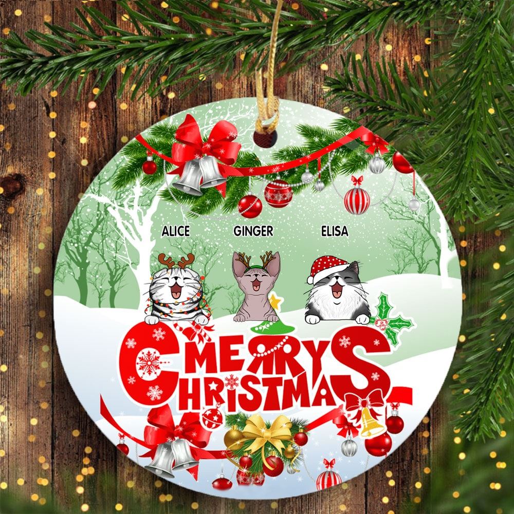 Personalised Merry Christmas Circle Ceramic Ornament Personalized Cat Lovers Gift