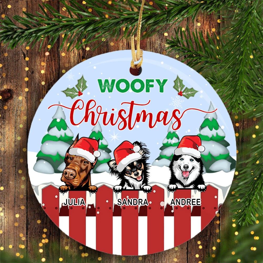 Personalised Woofy Christmas Red Fence Circle Ceramic Ornament Personalized Gift For Dog Lovers