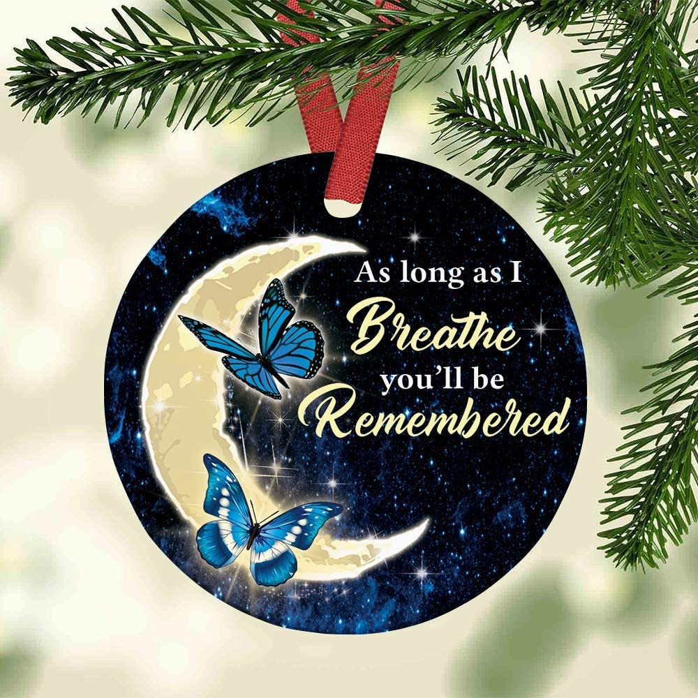 Personalize Blue Butterflies And Moon Memorial Ornament - As Long As I Breathe Youll Be Remembered Custom Name Ornament