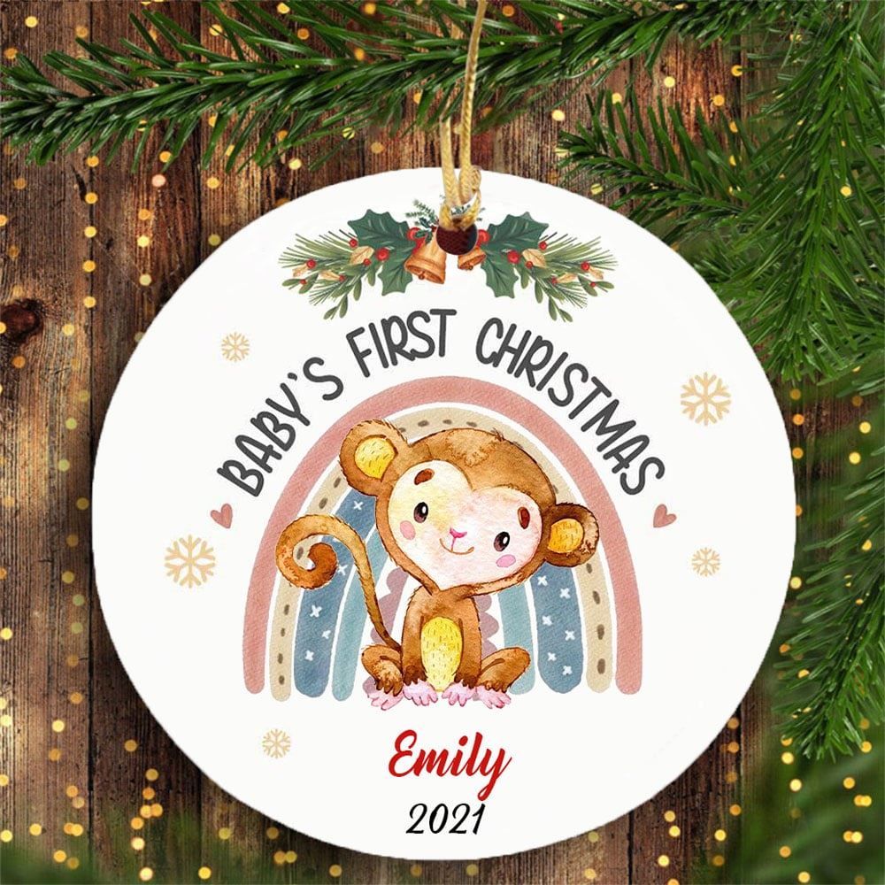 Personalized Baby First Christmas Animal Jungle Circle Ornament