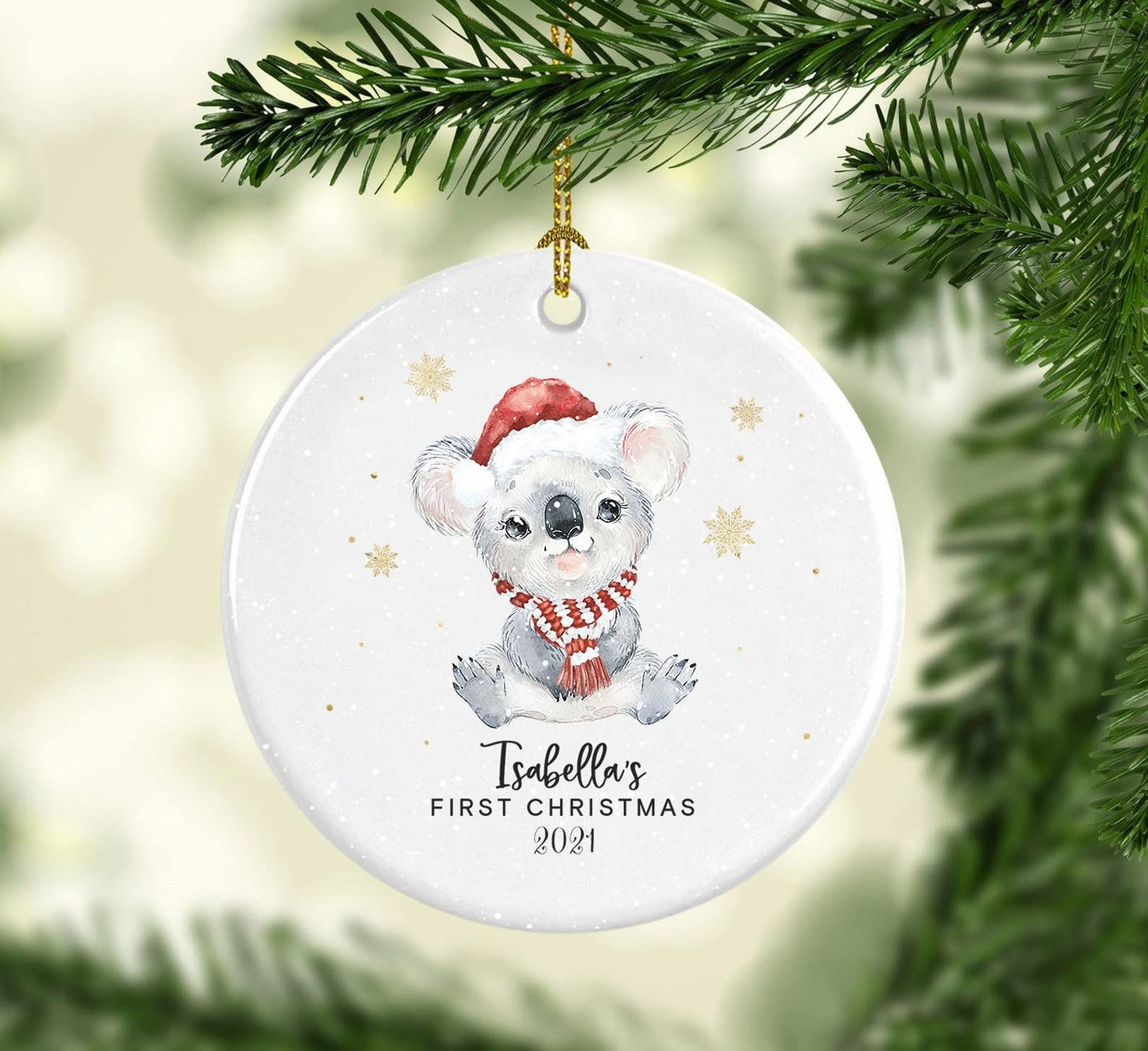 Personalized Baby First Christmas Ornament 2021 Cute Koala With Santa Hat Ornament For Your Little Kid Christmas Decoration Circle Oval Star Heart Ceramic Ornament Cute For Baby