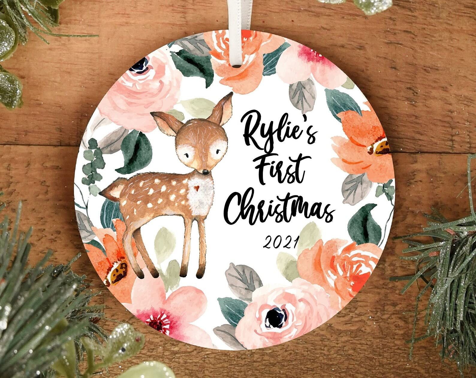 Personalized Babys First Christmas Ornament With Deer And Flowers Gifts For Baby Girl Custom Ornament For Newborn 1st Christmas 2021 Christmas Ornament Christmas Tree Decoration