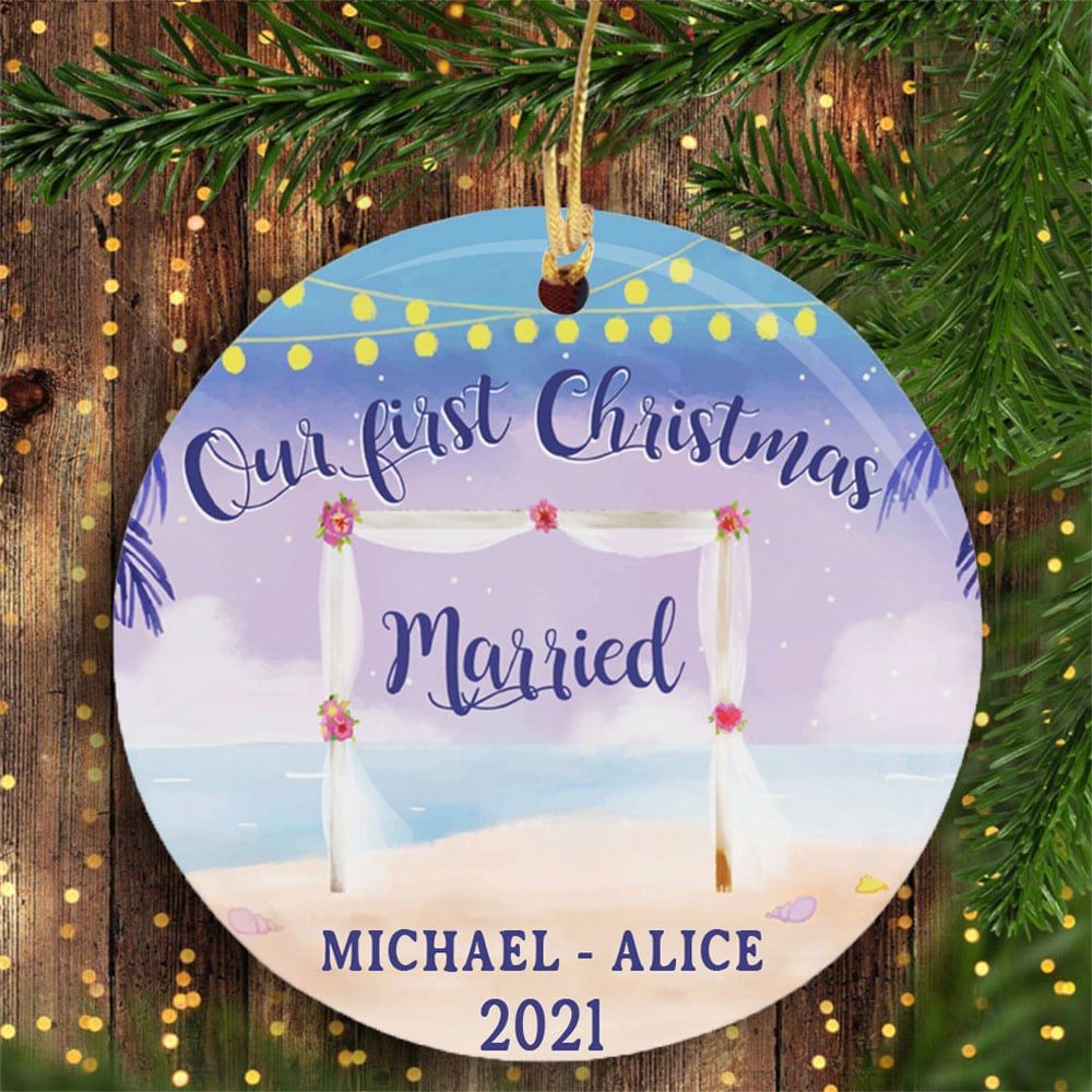 Personalized Beach Wedding Gift Our First Christmas Married Ornament Mr Mrs Ornament