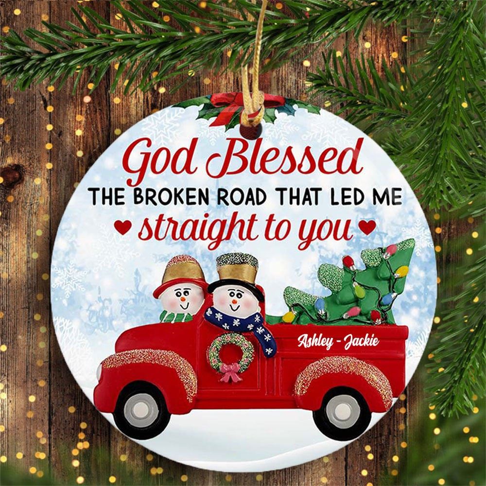 Personalized Couple Red Truck Christmas Circle Ornament